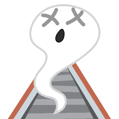 a ghost with 'x' eyes on a train track.